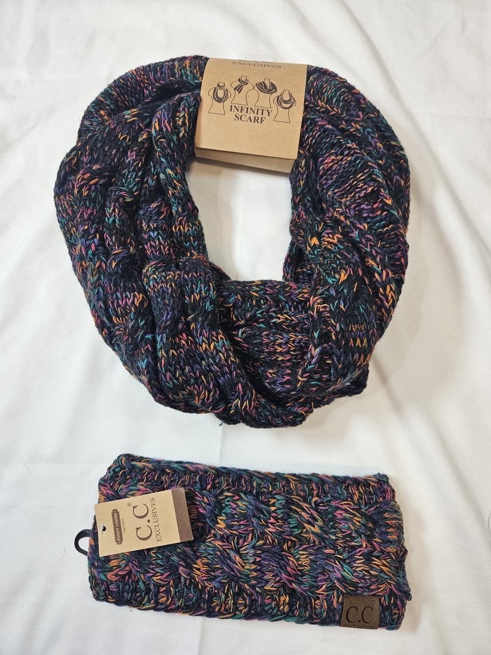 C.C Black Infinity Scarf and Headband Set with Multicolor Flecks